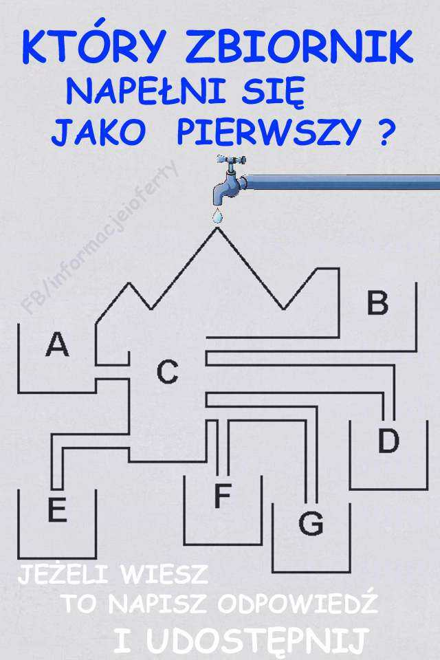 Który zbiornik napełni się jako pierwszy. Zagadka zbiorniki Oto Zagadka zbiorniki: Czy wiesz który zbiornik wypełni się jako pierwszy? A,B,C,D,E,F,G ? Pamiętaj o zasadzie naczyń połączonych.